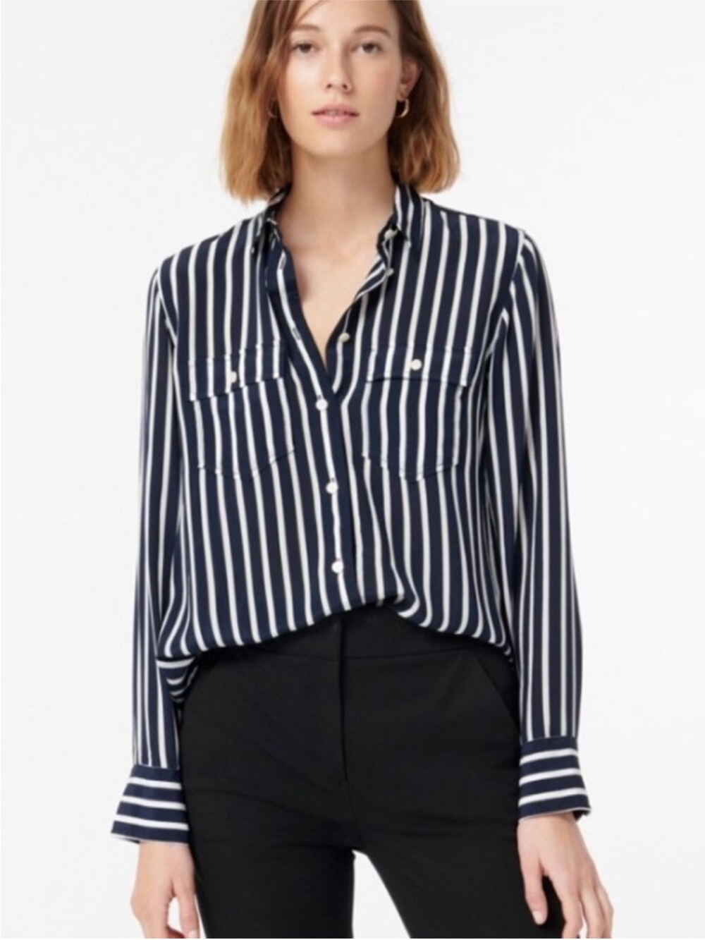 J. Crew 100% Silk Stripe Navy Classic Fit Blouse Size 12 $168 Classic Preppy